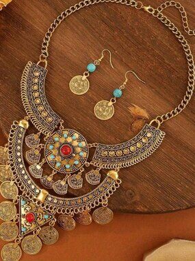 071 New Vintage Bohemian Ethnic Style Multi-Layer Coin Necklace and Earrings Set